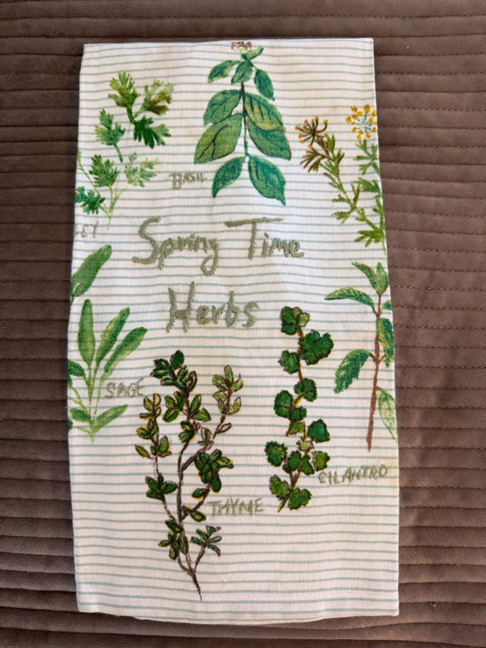 Anthropologie Embroidered Green Striped Spring Time Herbs Kitchen Tea Towel